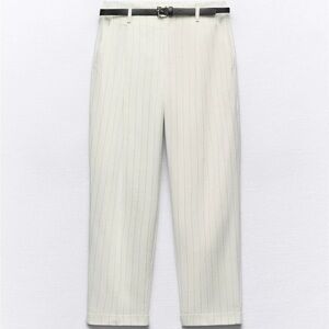 Zara Cream Pinstripe Pants with Navy Belt